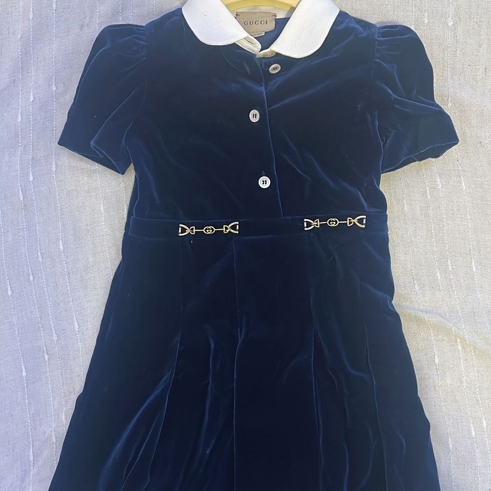 Gucci Kids Dark Blue Velvet Dress with White Collar